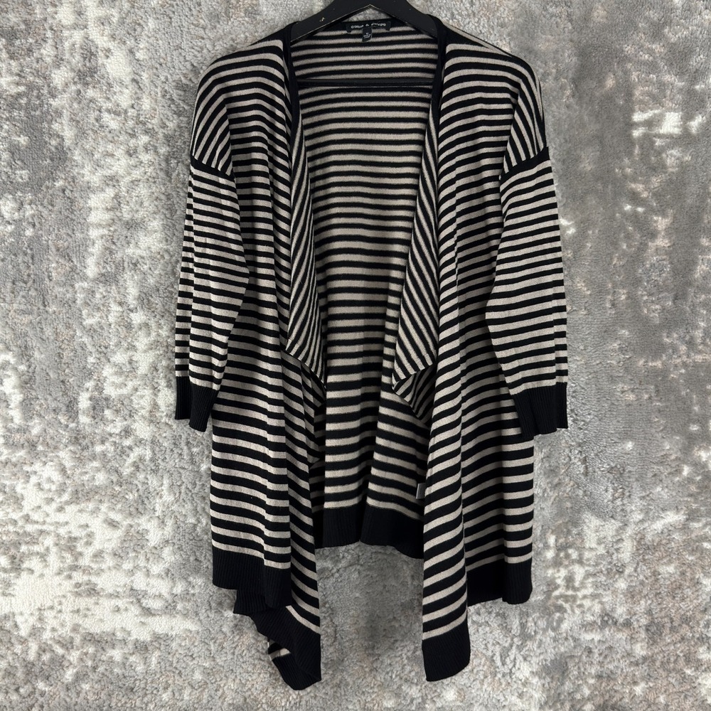 Cable Gauge Size M Striped Opent‎ Front Cardigan Sweater Black Beige Casual